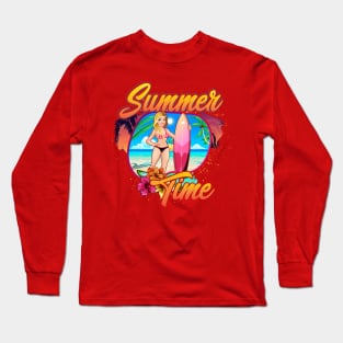 Summer Time surfer girl cute flowers beach Long Sleeve T-Shirt